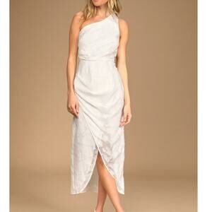 Lulu's One-Shoulder White Tulip-Hem Midi Dress